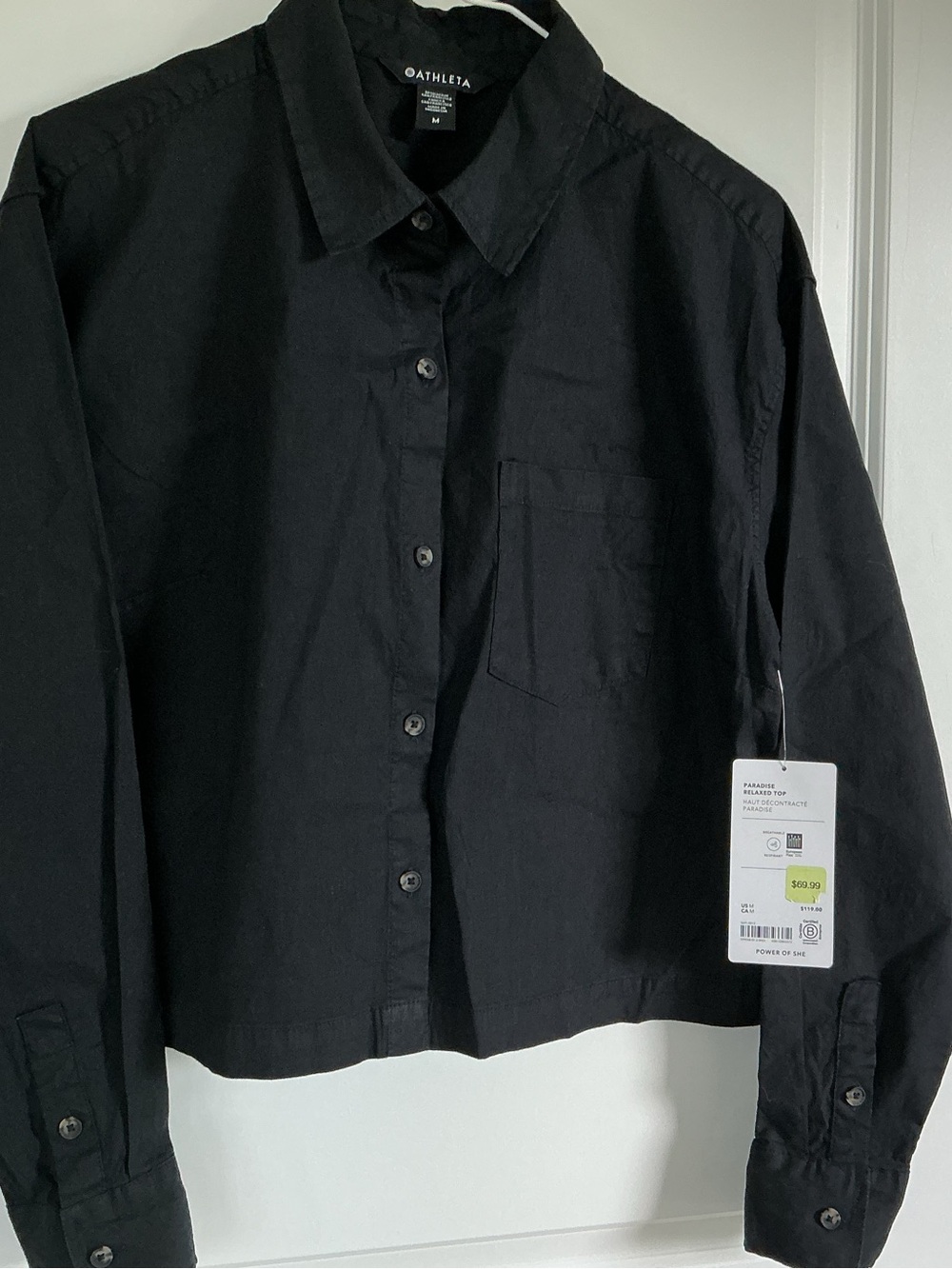Athleta Black Button-Front Cropped Shirt, NWT Medium